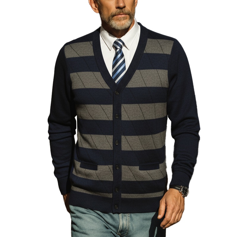 Men’s Autumn Fashion Striped Knitted Thin Sweater Cardigan MTA1545I2P Navy Blue