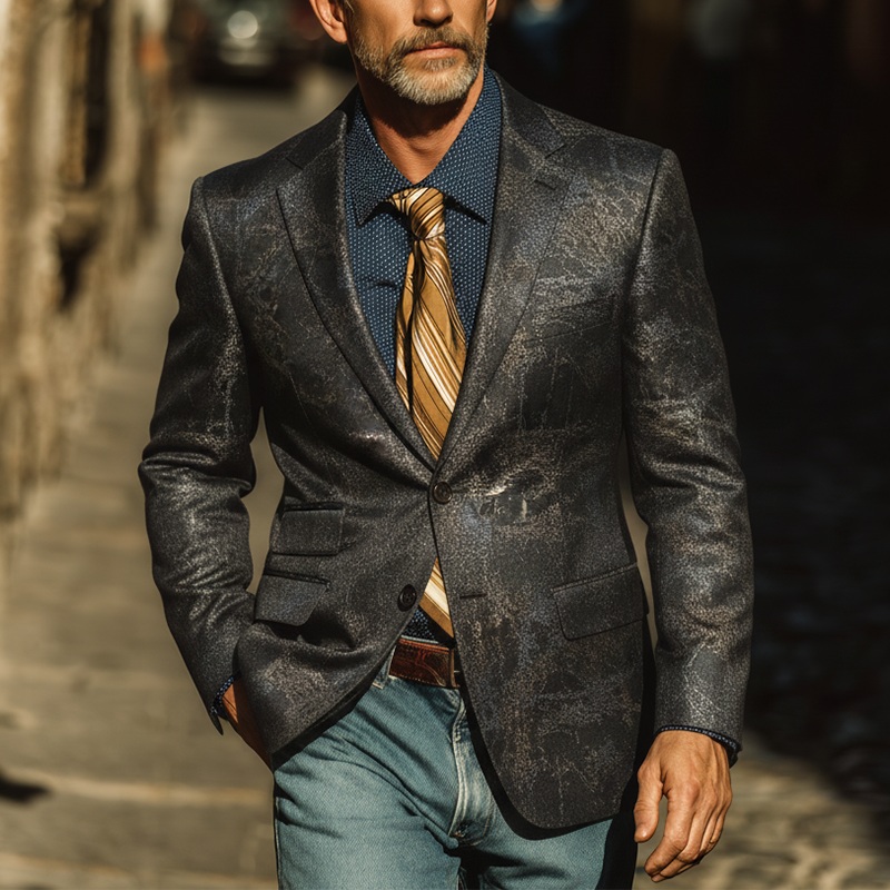 Men’s Autumn Retro Hot Stamping Printed Suit Jacket MTA1578I5P Black