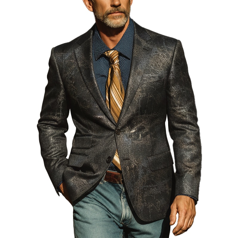 Men’s Autumn Retro Hot Stamping Printed Suit Jacket MTA1578I5P Black