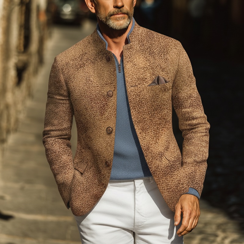 Men’s Autumn Retro Texture PU Faux Leather Stand Collar Jacket MTA1684I2P Brown