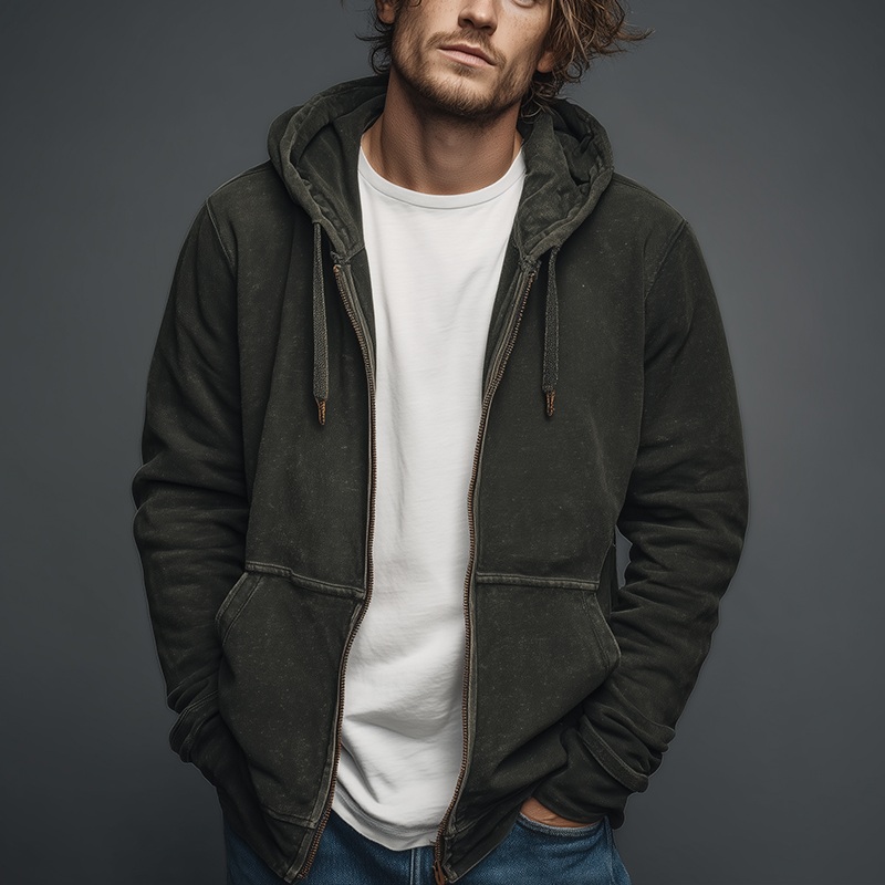 Men’s Autumn Retro Washed Distressed Hooded Zipper Sweatshirt Cardigan MTA1337I9P Army Green