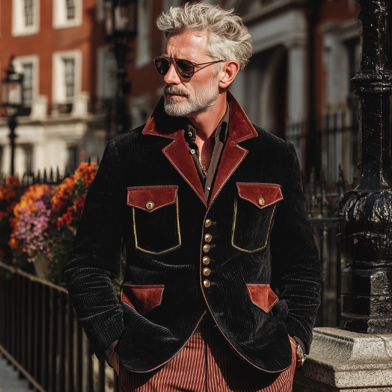 Men’s Classic Corduroy And Velvet Colorblock Button-Down Jacket MTA1634I1U Black