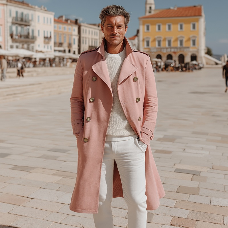 Men’s Classic Double-breasted Notched Collar Trench Coat MTA1701I8U Pink