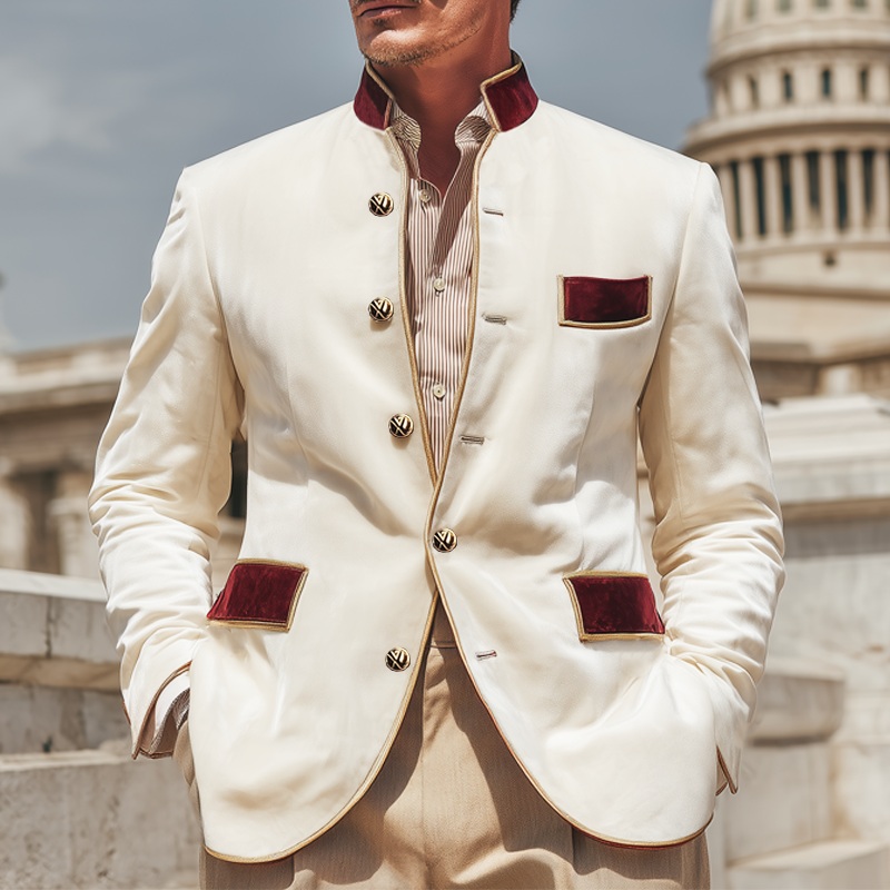 Men’s Classic Stand Collar Velvet Colorblock Button Slim Fit Jacket MTA1647I4U Creamy White