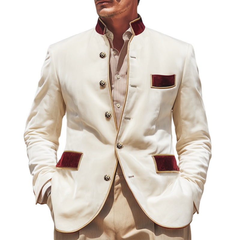 Men’s Classic Stand Collar Velvet Colorblock Button Slim Fit Jacket MTA1647I4U Creamy White