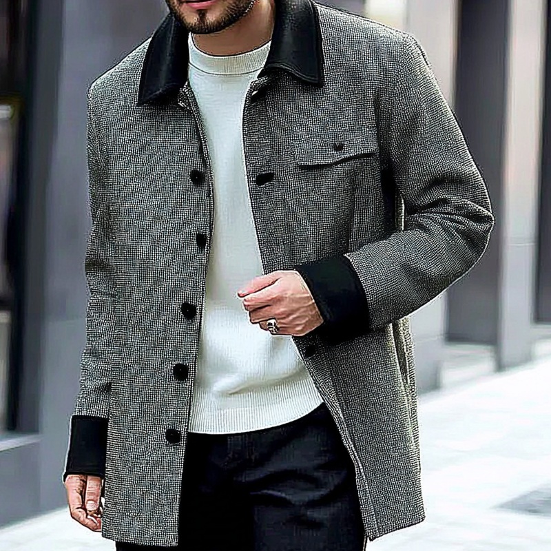 Men’s Contrast Color Casual Mid-length Single-breasted Lapel Coat MTA1587I4X Gray