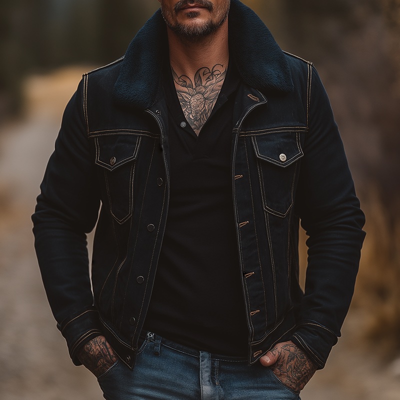 Men’s Retro Casual Washed Denim Plush Lapel Jacket MTA2171H8TO Navy