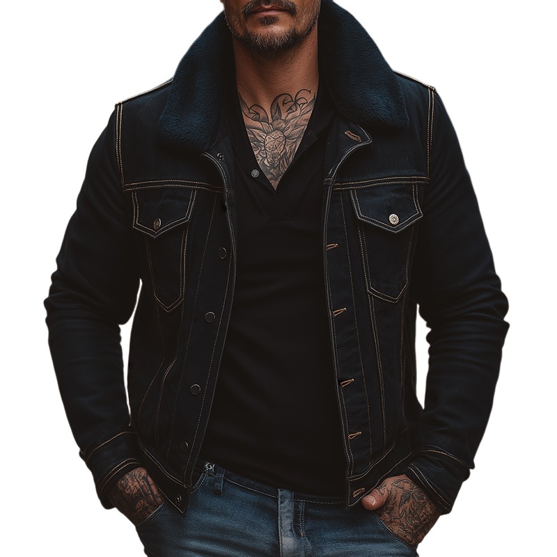 Men’s Retro Casual Washed Denim Plush Lapel Jacket MTA2171H8TO Navy