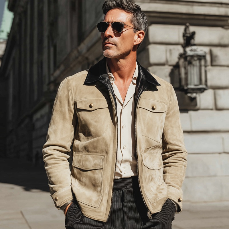 Men’s Suede And PU Leather Collar Zip-up Fitted Jacket MTA1604I1U Khaki