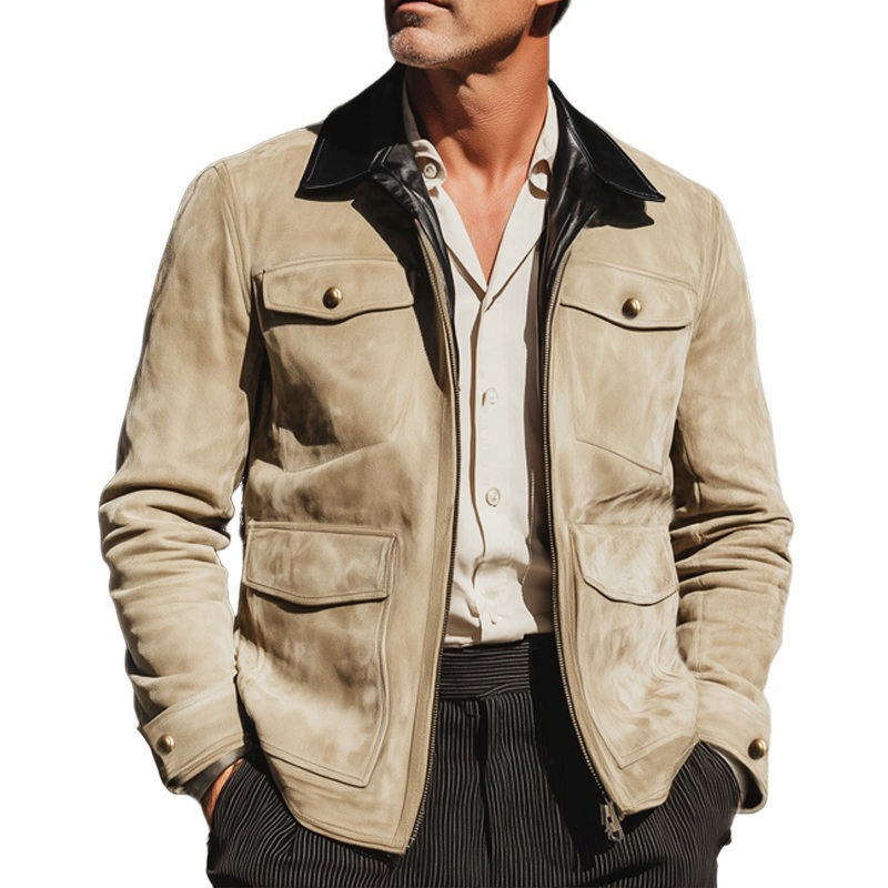 Men’s  Suede And PU Leather Collar Zip-up Fitted Jacket MTA1604I1U Khaki