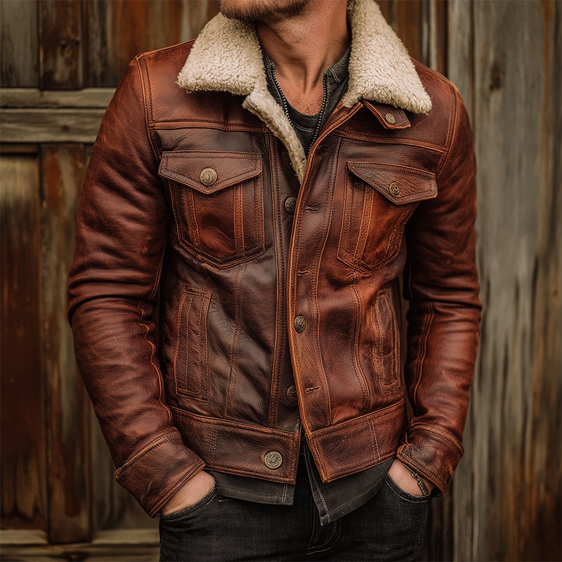 Men’s Vintage Distressed Pu Plush Lapel Leather Jacket MTA0319I0TO Brown