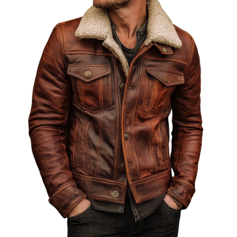 Men’s Vintage Distressed Pu Plush Lapel Leather Jacket MTA0319I0TO Brown