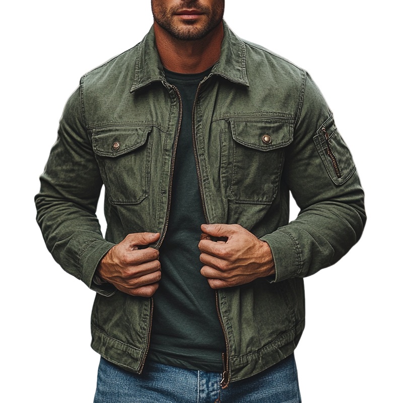 Men’s Vintage Washed Lapel Zipper Jacket MTA1643I6X Army Green