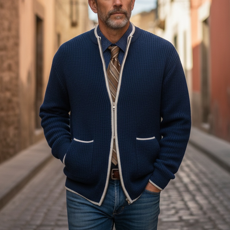 Men’s Autumn And Winter Fashion Cotton Knitted Double-Head Zipper Sweater Cardigan MTA1802I2P Navy