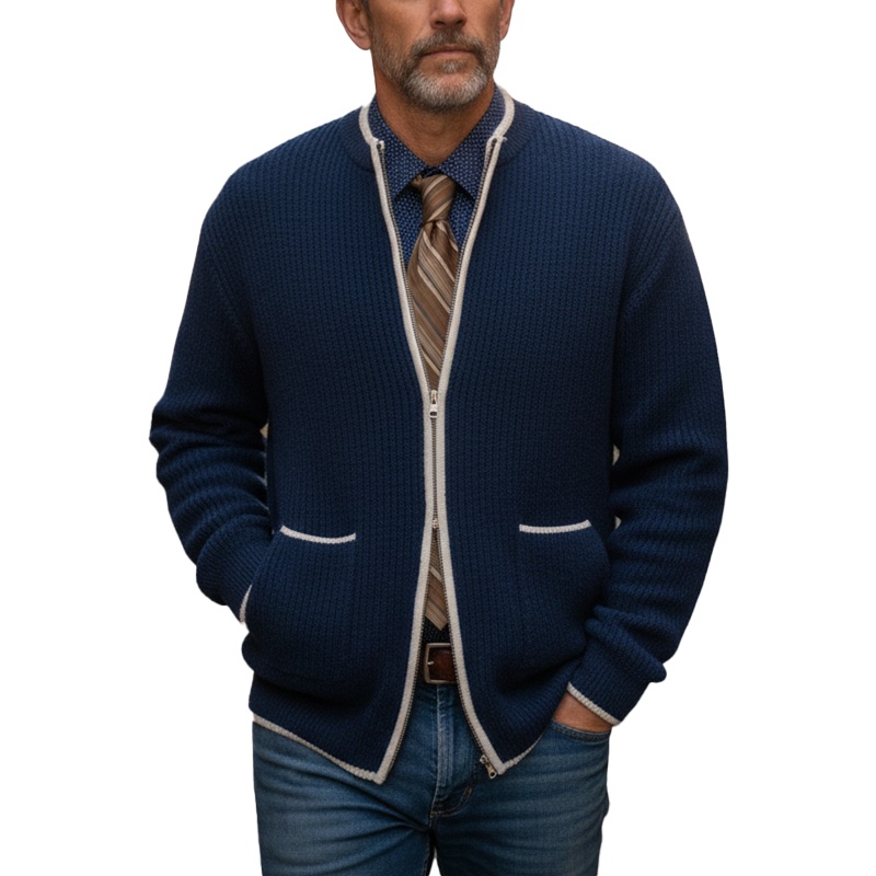 Men’s Autumn And Winter Fashion Cotton Knitted Double-Head Zipper Sweater Cardigan MTA1802I2P Navy