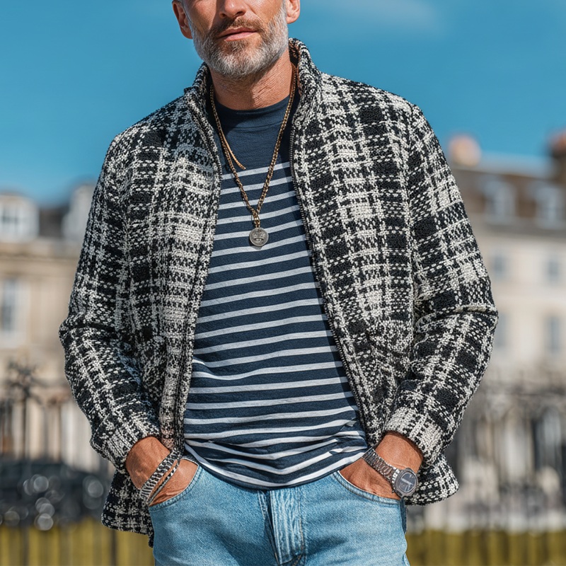 Men’s Autumn And Winter Vintage Checkered Tweed Jacket Coat MTA1946I6P Black