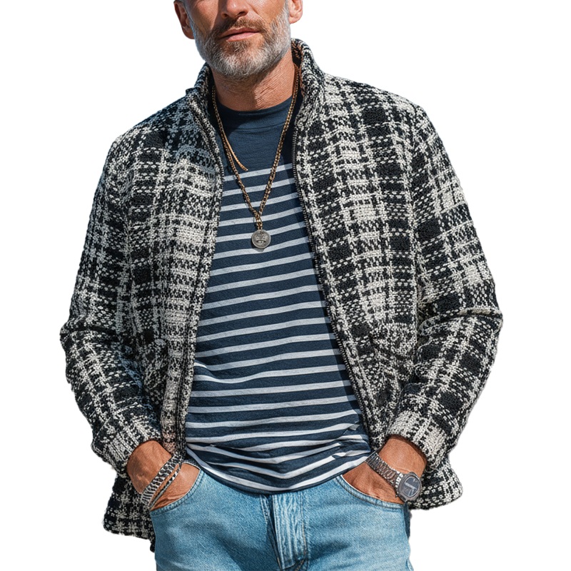 Men’s Autumn And Winter Vintage Checkered Tweed Jacket Coat MTA1946I6P Black