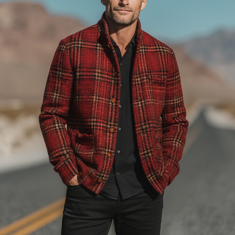 Men’s Autumn And Winter Vintage Checkered Tweed Jacket Coat MTA1999I0P Brown