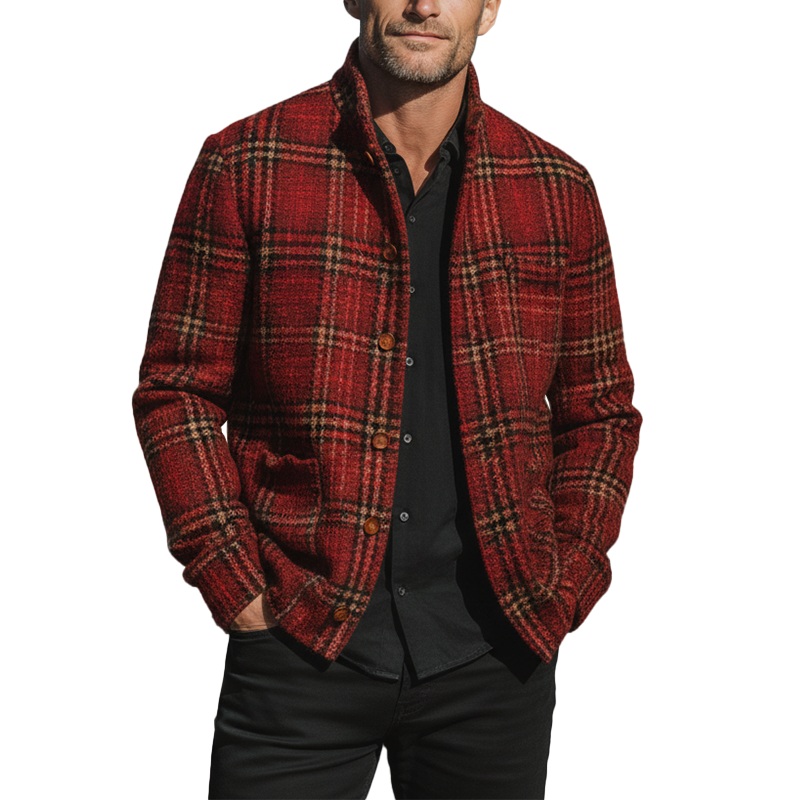 Men’s Autumn And Winter Vintage Checkered Tweed Jacket Coat MTA1999I0P Brown