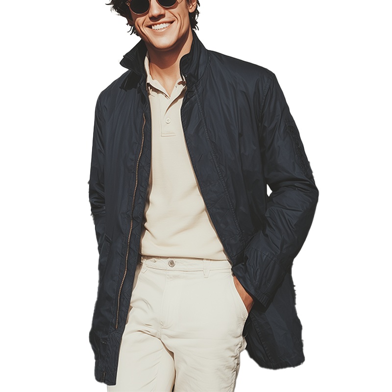 Men’s Autumn Fashion Polyester Blended Mid-Length Windbreaker Jacket MTA1700I1P Navy