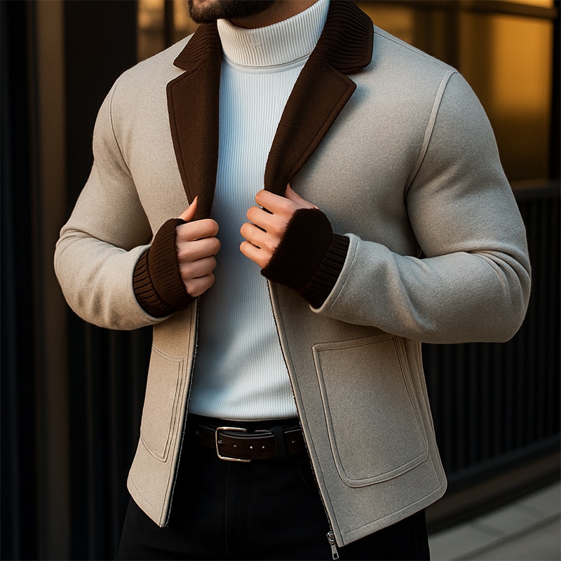 Men’s Retro Casual Knitted Splicing Slim Lapel Jacket MTA1717I0TO Wheat