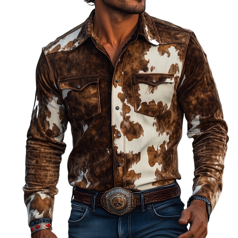 Men’s Retro Casual Western Style Cow Print Suede Lapel Long Sleeve Shirt MTA1964H9TO Brown