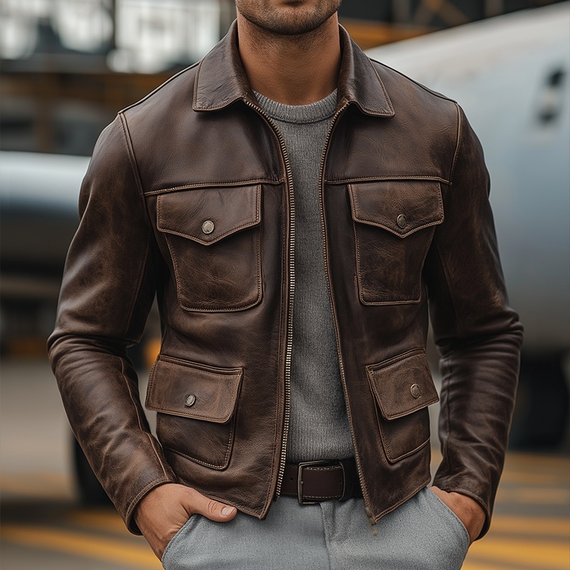 Men’s Vintage Casual Faux Leather Multi-Pocket Lapel Zipper Jacket MTA1720I2TO Brown
