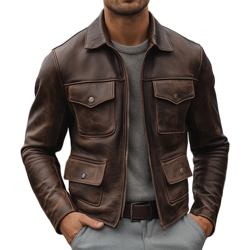 Men’s Vintage Casual Faux Leather Multi-Pocket Lapel Zipper Jacket MTA1720I2TO Brown