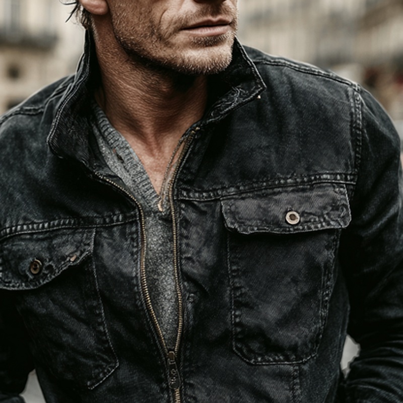 Men’s Vintage Washed Lapel Zip-up Denim Jacket MTA1660I2X Black