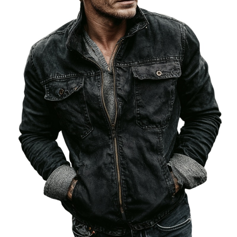 Men’s Vintage Washed Lapel Zip-up Denim Jacket MTA1660I2X Black