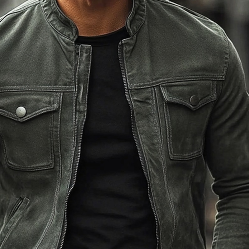 Men’s Vintage Washed Stand Collar Zipper Slim Fit Jacket MTA1875I1X Gray