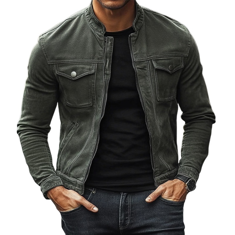 Men’s Vintage Washed Stand Collar Zipper Slim Fit Jacket MTA1875I1X Gray