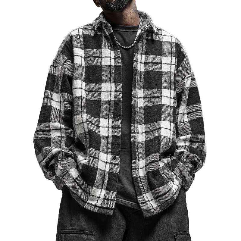 Men’s Winter Fashion Plaid Twill Cotton Thick Long Sleeve Shirt MTA2277I9P Black