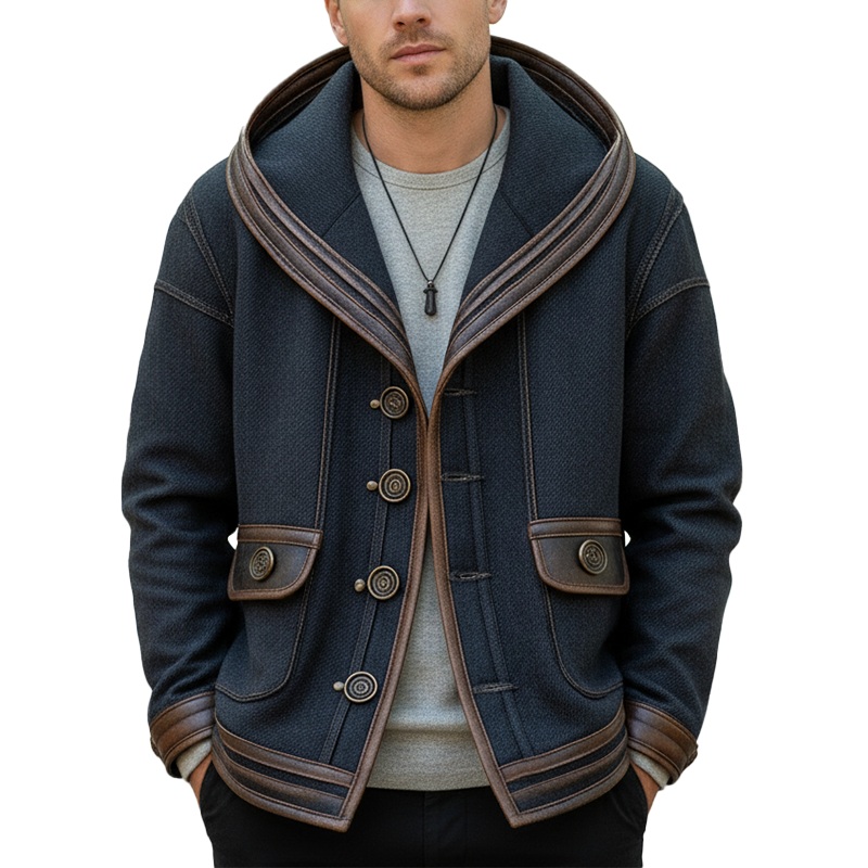 Men’s Winter Fashion PU Trim Twill Cotton Hooded Jacket MTA1895I4P Navy