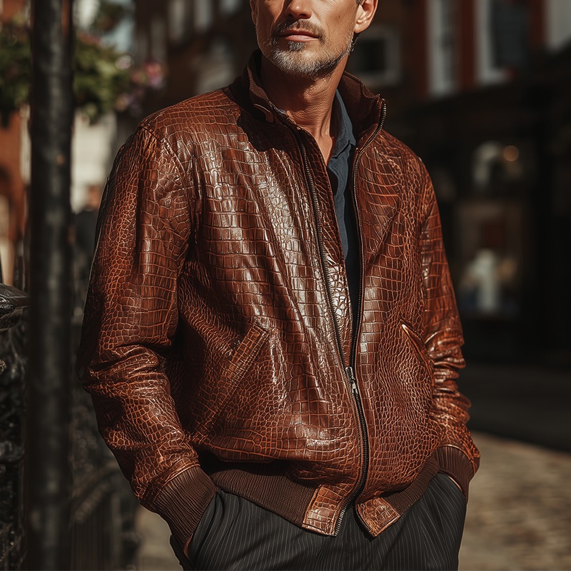 Men’s Winter Vintage Faux Crocodile Leather-textured PU Leather Jacket MTA1881I1P Brown