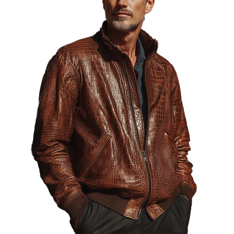 Men’s Winter Vintage Faux Crocodile Leather-textured PU Leather Jacket MTA1881I1P Brown