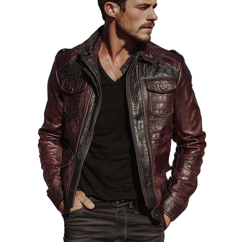 Men’s Winter Western Cowboy Style Imitation Crocodile Leather PU Splicing Jacket MTA1893I0P Wine Red