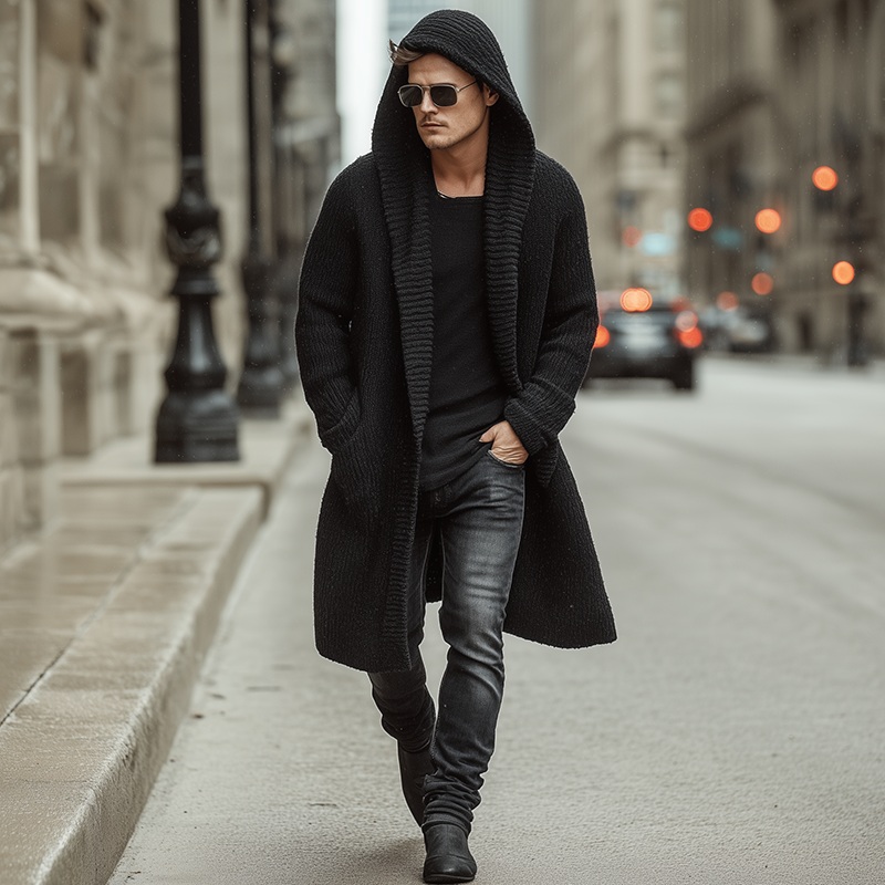 Men’s Autumn And Winter Fashion Solid Color Cotton Yarn Knitted Long Hooded Cardigan MTA2378I9P Black