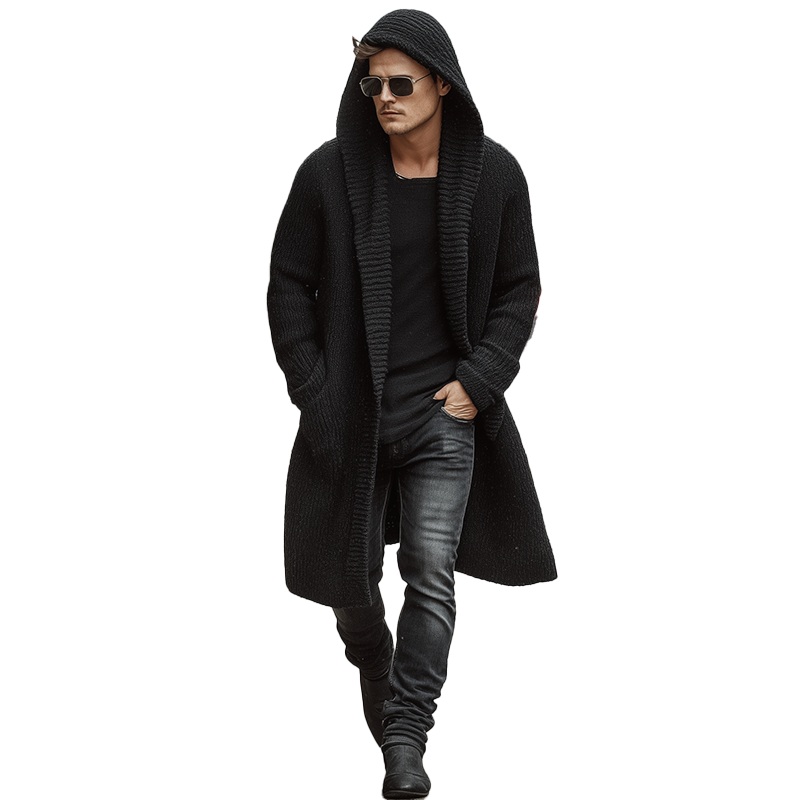 Men’s Autumn And Winter Fashion Solid Color Cotton Yarn Knitted Long Hooded Cardigan MTA2378I9P Black