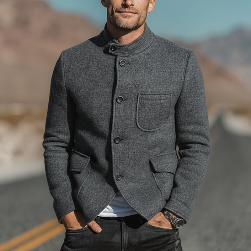 Men’s Autumn And Winter Fashion Stand Collar Multi-pocket Faux Wool Jacket MTA2352I7P Grey