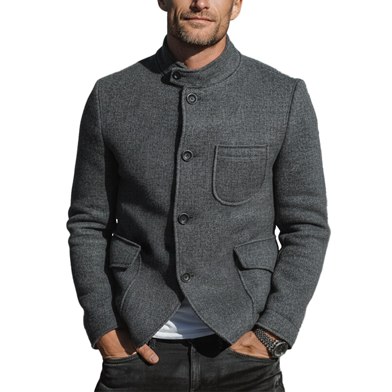 Men’s Autumn And Winter Fashion Stand Collar Multi-pocket Faux Wool Jacket MTA2352I7P Grey