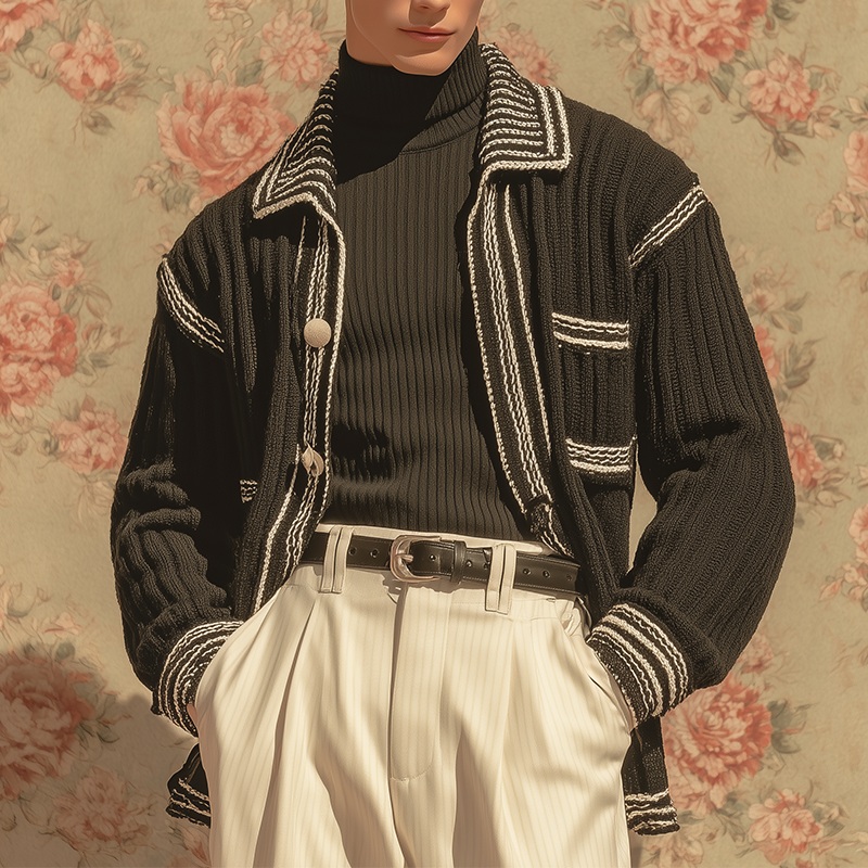 Men’s Autumn And Winter Fashion Striped Cotton Yarn Knitted Cardigan MTA2211I3P Black