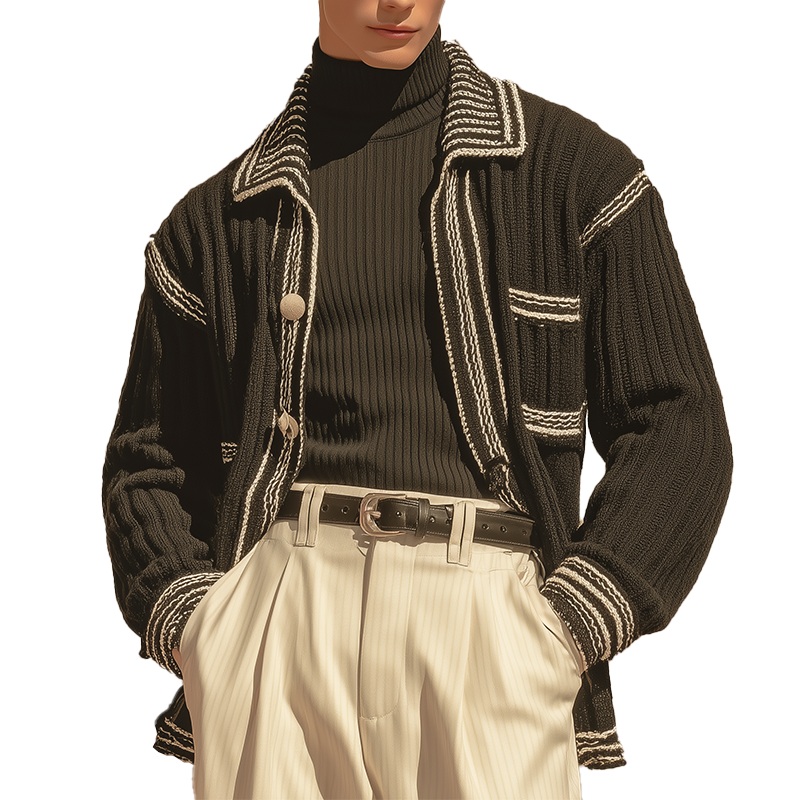 Men’s Autumn And Winter Fashion Striped Cotton Yarn Knitted Cardigan MTA2211I3P Black