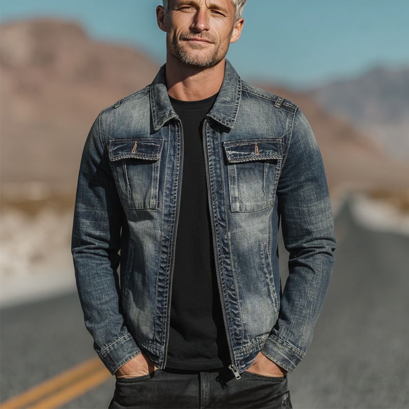 Men’s Autumn And Winter Retro Washed Casual Denim Jacket MTA2309I8P Denim Blue