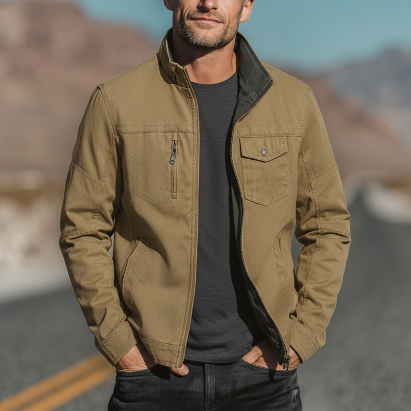 Men’s Autumn And Winter Vintage Washed Cotton Multi-pocket Stand Collar Jacket MTA2373I4P Khaki