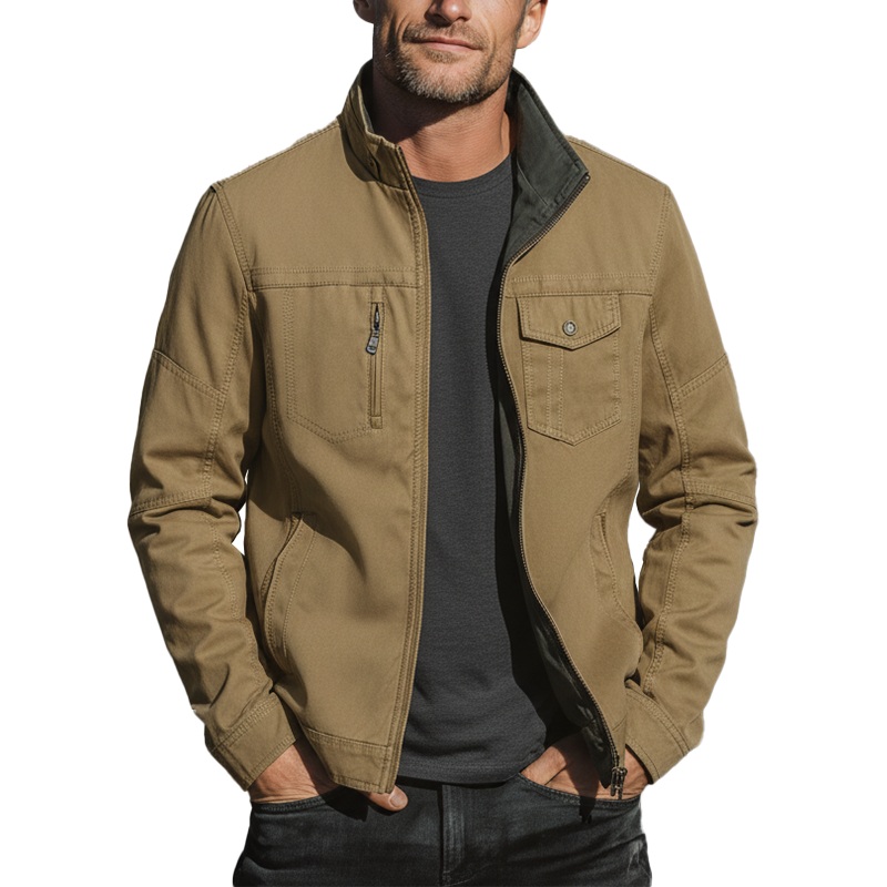 Men’s Autumn And Winter Vintage Washed Cotton Multi-pocket Stand Collar Jacket MTA2373I4P Khaki