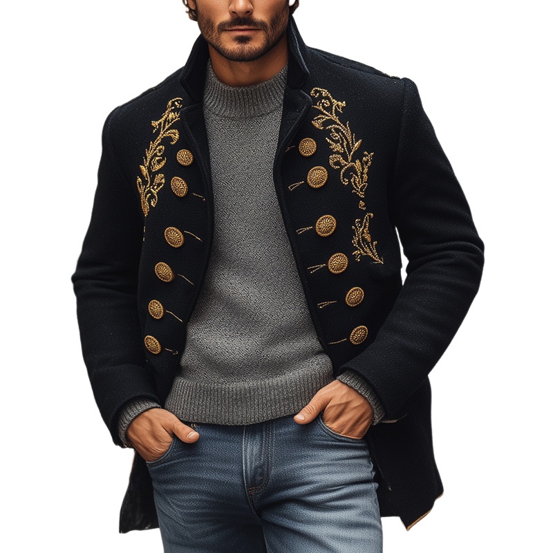 Men’s Blended Stand Collar Gold Embroidery Double-breasted Jacket MTA2301I6X Black