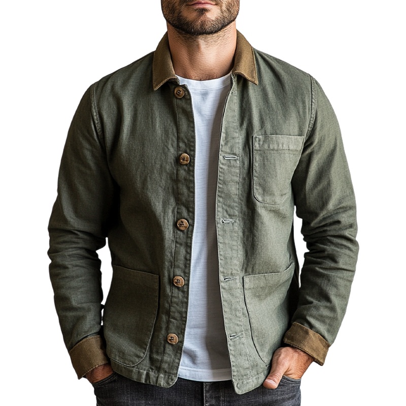 Men’s Casual Contrast Lapel Cotton Blend Single-Breasted Jacket MTA2206I4X Army Green