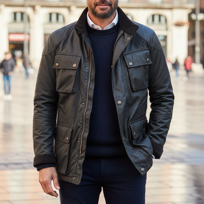 Men’s Classic Business Stand Collar PU Leather Jacket MTA2431I0U Black