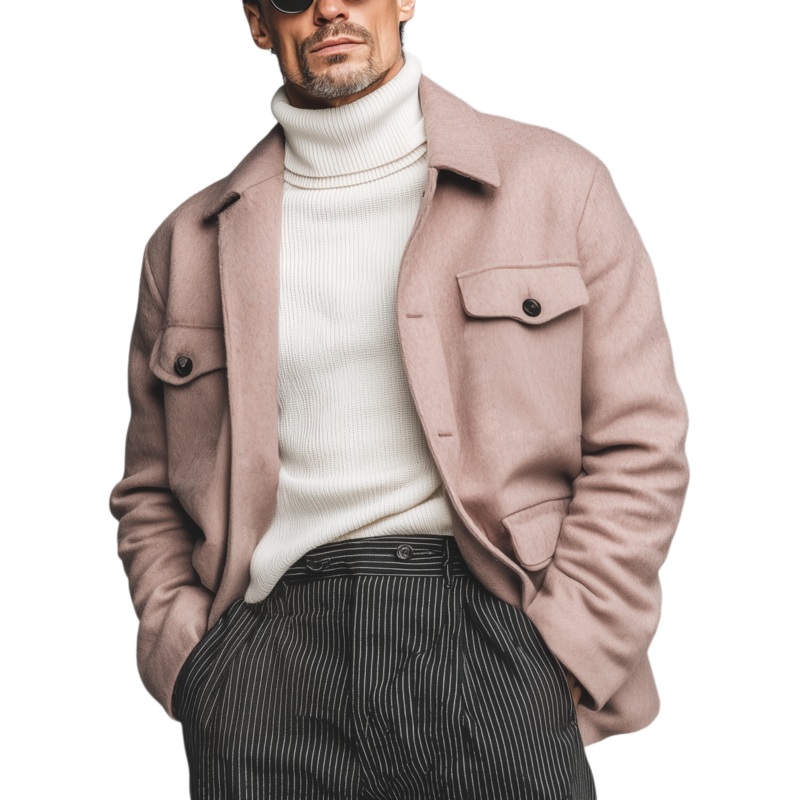 Men’s Classic Casual Lapel Pink Faux Wool Jacket MTA2481I6K Pink